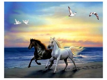 HAFT DIAMENTOWY OBRAZ MOZAIKA KONIE GALOP KOŃ KONIK PLAŻA MORZE 30x30