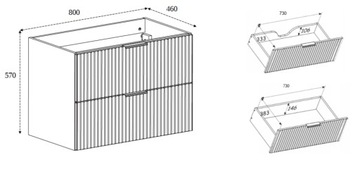 Шкафчик для ванной комнаты навесной с умывальником, Дуб, 80 стоек, ФРОНТАЛЬНЫЕ фасады