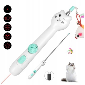 MOCNY LASER + WĘDKA ZABAWKA dla KOTA 2W1 kotek z myszką na USB wzory