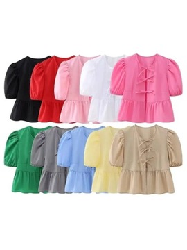 Solid Short Puff Sleeve Shirt Women O-neck Pleated