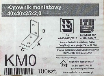 Łącznik Kątownik Ciesielski KM0 40x40x25x2,0 100sz