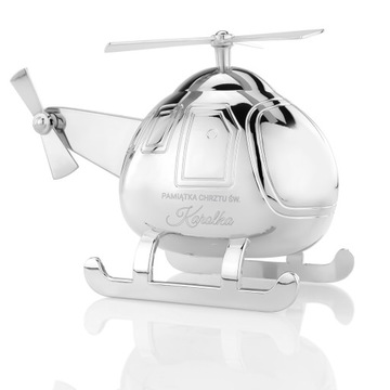 SREBRNA SKARBONKA HELIKOPTER PREZENT na CHRZEST ROCZEK + GRAWER GRATIS