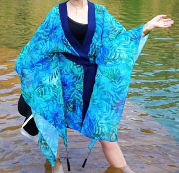 KIMONO TUNIKA PAREO PLAŻOWE WAVES MIDI SZYFON