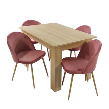 Stół Modern 120x80 sonoma 4 krzesła Denwer Velvet różowe
