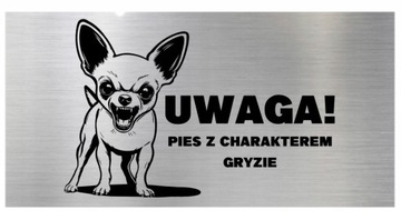 TABLICZKA UWAGA PIES Z CHARAKTEREM GRYZIE ALUMINIOWA 20 x 10 cm TRWAŁA