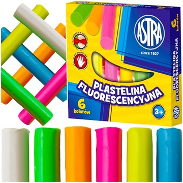 PLASTELINA FLUORESCENCYJNA 6 JASKRAWYCH KOLORÓW ŚWIECI UV SZKOLNA ASTRA