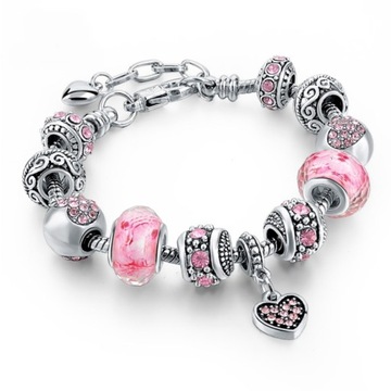 Bransoletka Srebrna Modułowa Różowa Beads Charms Regulowana 19 - 22 cm