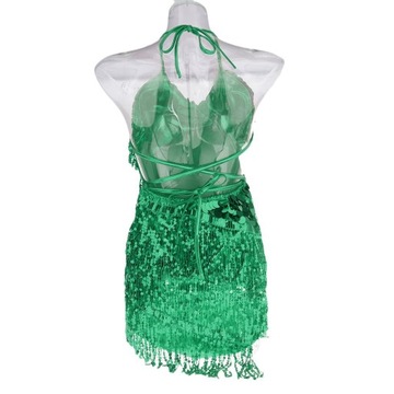 Damska sukienka do ćwiczeń w stylu latynoamerykańskim z frędzlami i błyszczącymi cekinami w kolorze zielonym