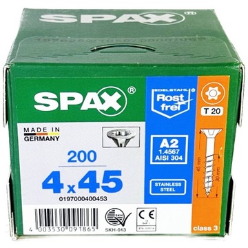 Wkręty NIERDZEWNE 4x45mm, Wkręty do drewna 200szt, Stal szlachetna A2 SPAX