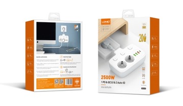 Удлинитель LDNIO 2 розетки переменного тока 3xUSB 1xUSB-C