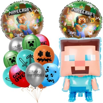 Zestaw balony gamingowe MINECRAFT Steve pixel TNT Creeper urodziny 15 szt.