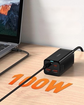 БЫСТРОЕ ЗАРЯДНОЕ УСТРОЙСТВО BASEUS GaN3 2x USB-C/2x USB 100 Вт, быстрый + кабель 1,5 м