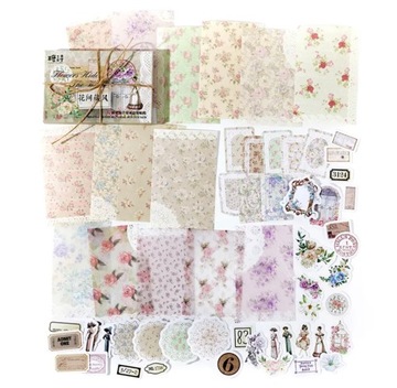 ZESTAW DO SCRAPBOOKINGU 60 ELEMENTÓW VINTAGE KWIATY KORONKI