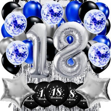 BALONY kurtyna Zestaw 18 Urodziny OSIEMNASTKA 3 KO SREBRNY NIEBIESKI 100 cm