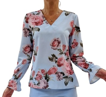 Błękitna Elegancka WIZYTOWA BLUZKA w kwiaty z dekoltem V roz.48 (34-54
