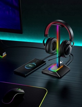 STOJAK NA SŁUCHAWKI GAMINGOWY RGB LED USB UCHWYT