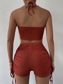 Komplet sexy obcisły wykrojony top + szorty L
