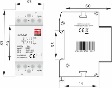 STYCZNIK MODUŁOWY 25-40 230V 25A 2P 4Z 3-FAZOWY ZWIERNY NA SZYNĘ DIN TH35