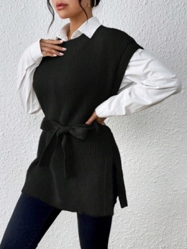 ЧЕРНЫЙ ТРИКОТАЖНЫЙ ЖИЛЕТ-СВИТЕР, БЕЗ РУКАВОВ, СВОБОДНОГО КРОЯ, ГЛАДКИЙ SHEIN 36