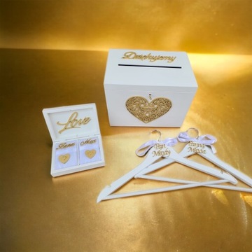 свадебный набор, коробка для конвертов, обручальные кольца, вешалки.