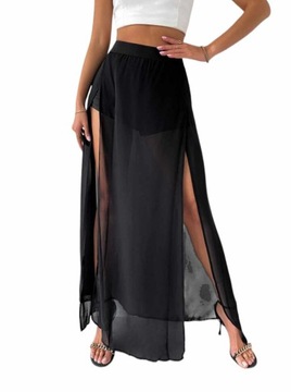 DŁUGA SPÓDNICA Z SZORTAMI ZWIEWNA SZYFON CZARNA
