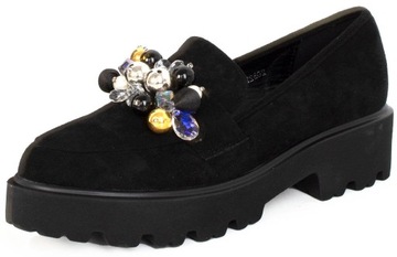 MOKASYNY PÓŁBUTY CZARNE ZAMSZOWE Z KRYSZTAŁKAMI LOAFERSY 39