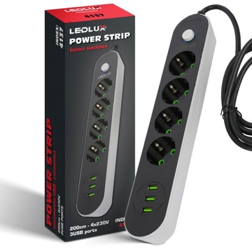 PRZEDŁUŻACZ listwa 2m 4 gniazda + 3x USB