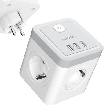VOOMY Rozgałęźnik elektryczny z przełącznikiem, 3x USB-A, 4x Gniazdo, Biały