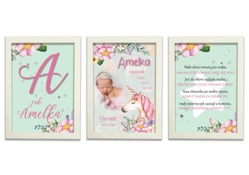 Комплект из 3 плакатов со свидетельствами о рождении формата А4 для детской комнаты.