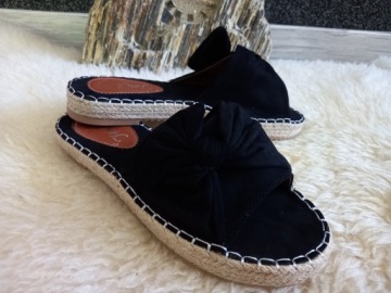 ЧЕРНЫЕ ЭСПАДРИЛЬИ ТАПОЧКИ №38, СОЛОМОЧНЫЕ С БАНТОМ