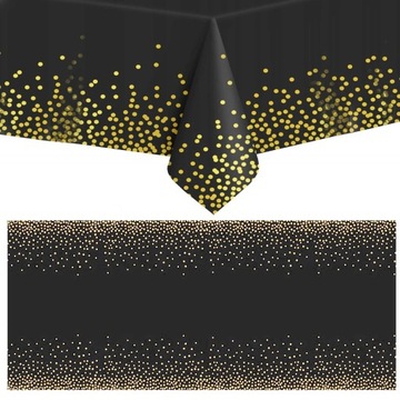 ОДНОРАЗОВАЯ СКАТЕРТЬ ИЗ ФОЛЬГИ СТОЙКАЯ К ПЯТЯНИЯМ ДЛЯ ЧЕРНОГО СТОЛА С ЗОЛОТЫМИ ТОЧКАМИ КОНФЕТТИ