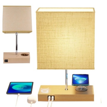 LAMPA NOCNA KLOSZEM LED STOŁOWA DO SYPIALNIA Z ŁADOWARKA BEZPRZEWODOWY USB