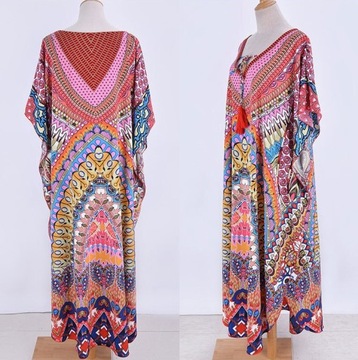 PAREO TUNIKA PLAŻOWA BOHO PRINT DŁUGA SUKIENKA ZWIEWNA NARZUTKA PLAŻĘ STRÓJ