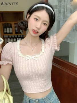Puff Sleeve T-shirts Women Lace-up Design Korean S