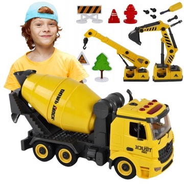 POJAZDY BUDOWLANE BETONIARKA DŹWIG KOPARKA DŹWIĘK ŚWIATŁA 1:12 DIY