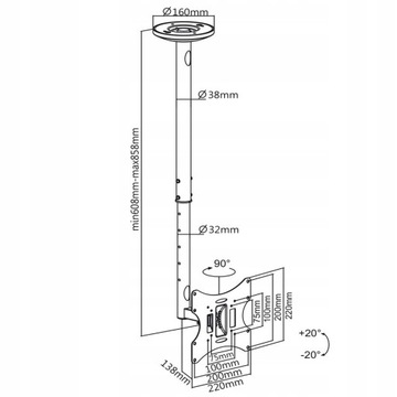 ПОТОЛОЧНЫЙ КРОНШТЕЙН ДЛЯ ТВ-МОНИТОРА 23–42 фута, 30 кг