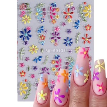 5D НАКЛЕЙКИ для украшения ногтей, самоклеящиеся выпуклые летние цветы неоновые