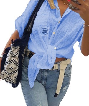 KOSZULA DAMSKA LUŹNA PRZEWIEWNA BLUZKA A'LA LEN BŁĘKITNA