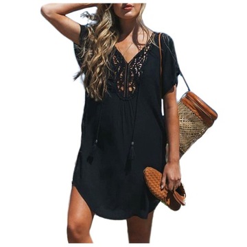 Czarne PAREO sukienka plażowa BOHO tunika letnia