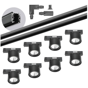 Zestaw szynowy 3 fazowy szyna 2m+2m, 8x LED 20W, łącznik L CZARNY komplet