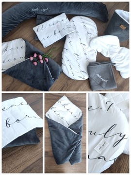 Poduszka ciążowa + dwie powłoczki - napisy + szary velvet