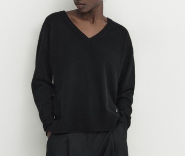 MASSIMO DUTTI czarny sweter w serek sweter WEŁNA + KASZMIR M