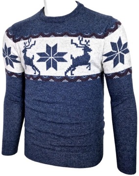 Sweter męski wełniany w renifery W442 ciepły niebieski świąteczny r. M