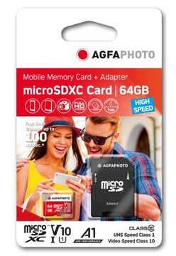 AGFA MicroSDXC Карта Micro SDXC 64 ГБ 100 МБ/с U1 V10 MicroSD + АДАПТЕР