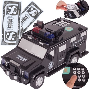 SKARBONKA SEJF AUTO WÓZ POLICJA BANKNOTY MONETY NA KOD RADIOWÓZ DLA DZIECI