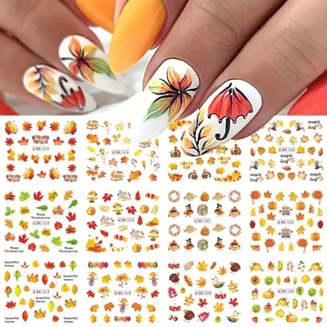 NAKLEJKI WODNE do zdobień na paznokcie arkusz 12 wzorów jesienne liście