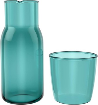 Stolik nocny - karafka na wodę z kubkiem - zielone szkło - łóżko - noc - wo