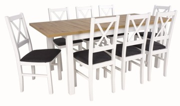 8 drewnianych krzeseł krzyżak z poduszką + duży ROZKŁADANY stół BOHO 200 cm