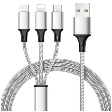 UNIWERSALNY KABEL PRZEWÓD USB 3W1 LIGHTNING MICRO-USB USB C DO IPHONE 120CM