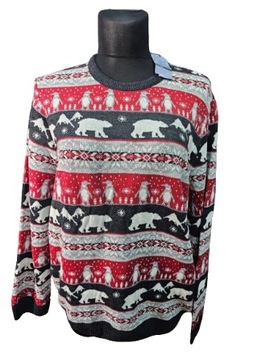 M&S męski sweter norweski cienki czerwony szary świąteczny XL